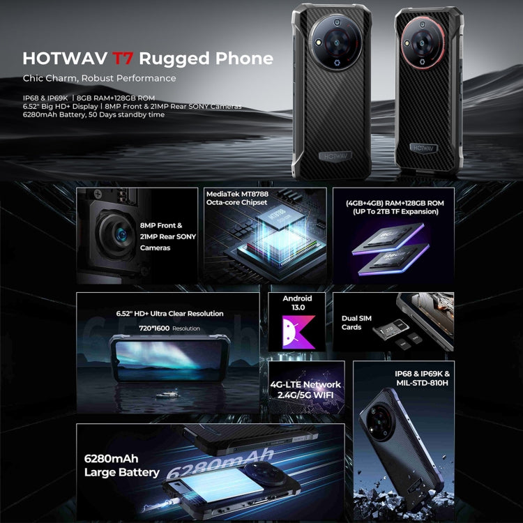 HOTWAV T7 Rugged Phone, 6280mAh, 6.52 inch Android 13 MT8788 Octa Core, Network: 4G, OTG, 4GB+128GB HOTWAV T7 Rugged Phone, 6280mAh, 6.52 inch Android 13 MT8788 Octa Core, Network: 4G, OTG, 4GB+128GB